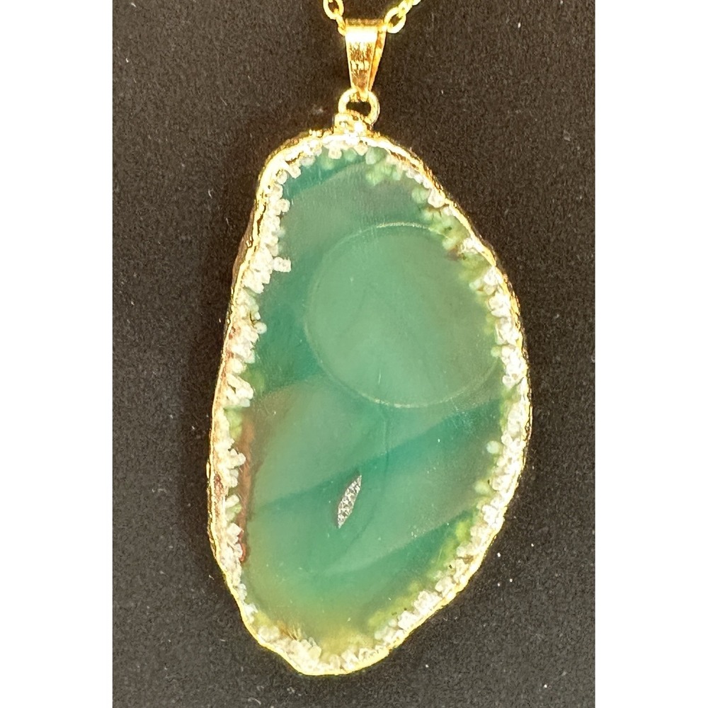 Green Agate Slice Necklace w/ 18" Gold Tone Trim Chain Adjustable Healing Stone - Picture 3 of 5